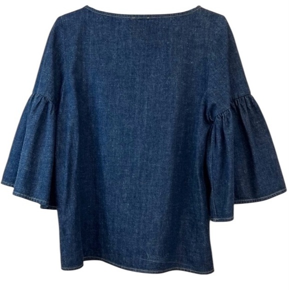 SUNO Slightly Oversized Blue Denim Shirred Bell Sleeve Boxy Blouse size 0 - Picture 6 of 11